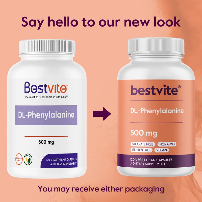 BESTVITE DL-Phenylalanine 500mg (120 Veg Caps) - No Stearates - No Fillers | Vegan - Gluten Free - Non GMO - Amino Acid Supplement 120 Count (Pack of 1)