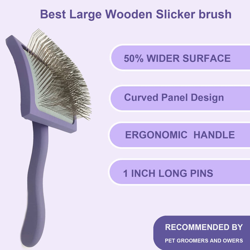Slicker Brush for Dogs & Pet Comb Value Kit,Large Dog Slicker Brush for Goldendoodles Poodles Doodle with Ergonomic Solid Wooden Handle Best Extra Long Pin Dog Grooming Brush Haired Dogs (purple) purple - BeesActive Australia