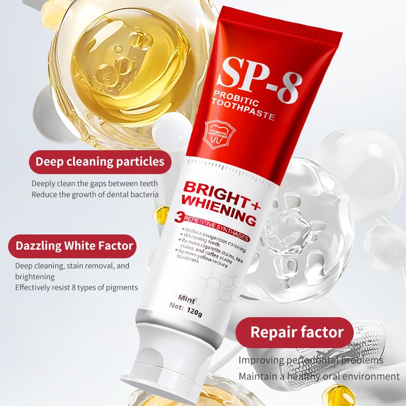 SP-8 Probiotics Whitening Toothpaste - Probiotics for Teeth Whitening and Gum Health - Enamel-Safe, Fluoride-Free, Double Mint Flavor,Fresh Breath (4)
