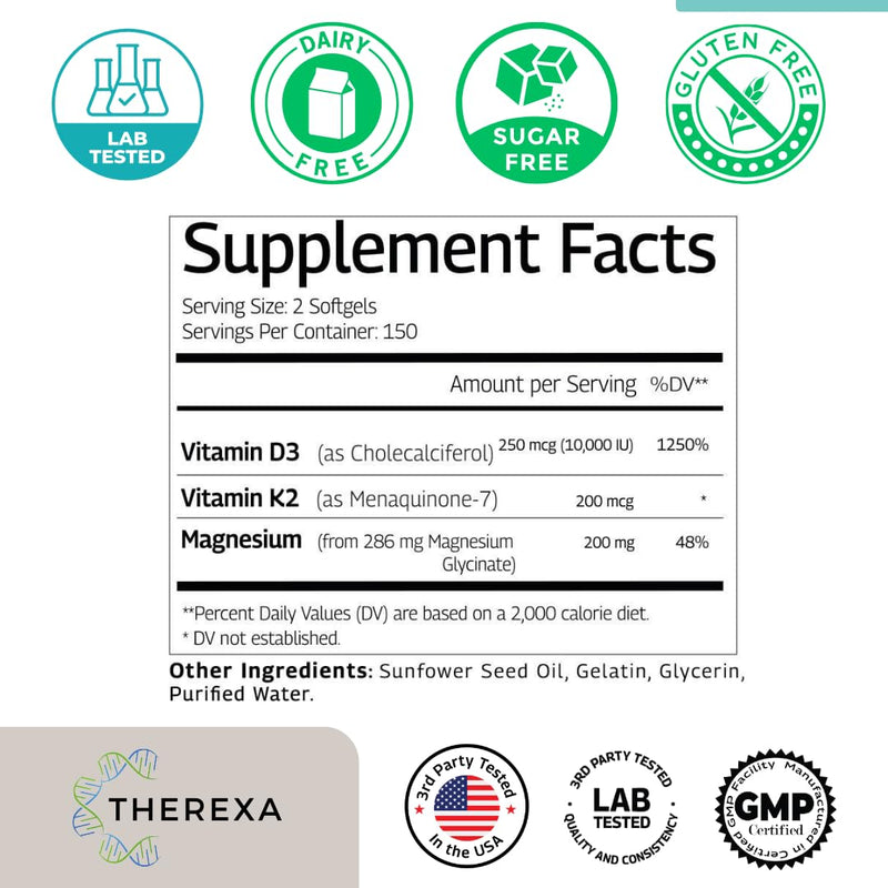 Vitamin D3 K2 10000 IU Magnesium Supplement - Extra Strength with 10,000 IU Vitamin D3 + K2 MK-7 200 mcg and Magnesium Glycinate Supplements Complex - 300 Softgels