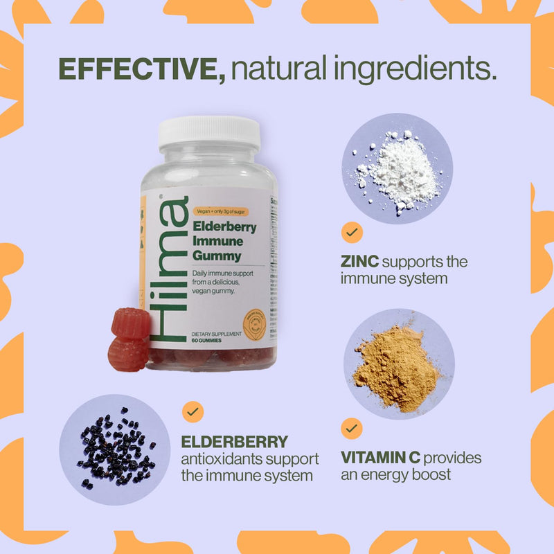 Hilma Elderberry Immune Support Supplement, 60 Vegan Gummies | Daily Natural Wellness Supplement, Clinically Proven Ingredients, With Vitamin C, Zinc, Antioxidants, Natural Berry Flavor