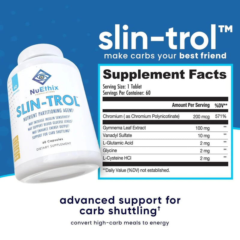 NuEthix Formulations SLIN-Trol, Glucose Disposal Agent Pills for Men & Women, Nutrient Partitioning Supplement with Chromium Polynicotinate, & Glycine, Effective Carb Absorption, Non-GMO, 60 Servings - BeesActive Australia