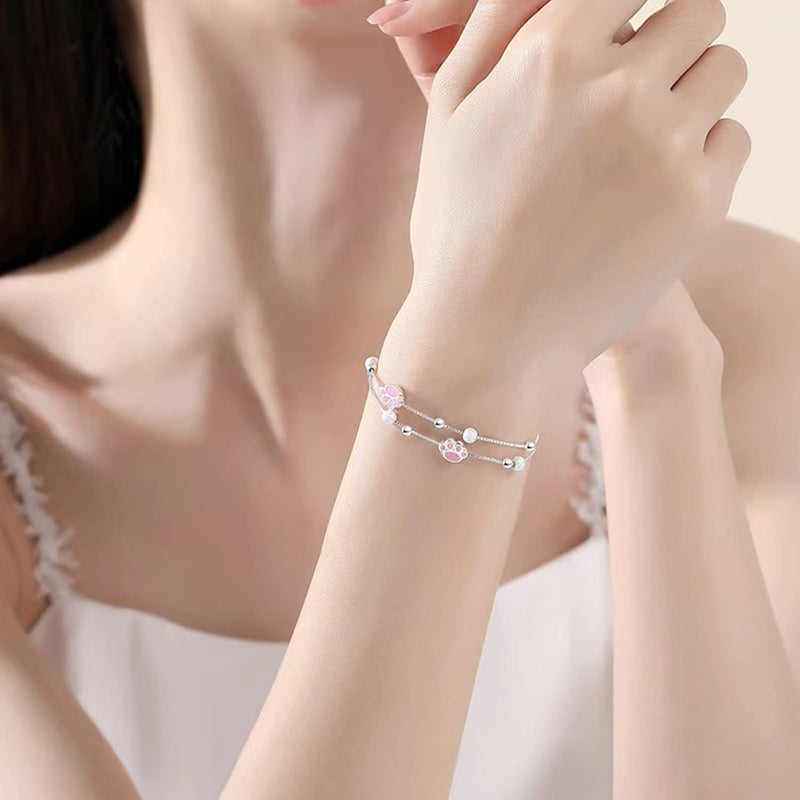 UUONLY Rose Gold Plated S925 Silver Cat Paw Print Necklace Bracelet, Cat Dog Paw Pink Crystal Paw Pendant Necklace, Cat Paw Jewerly Set for Women Bracelet 1 - BeesActive Australia