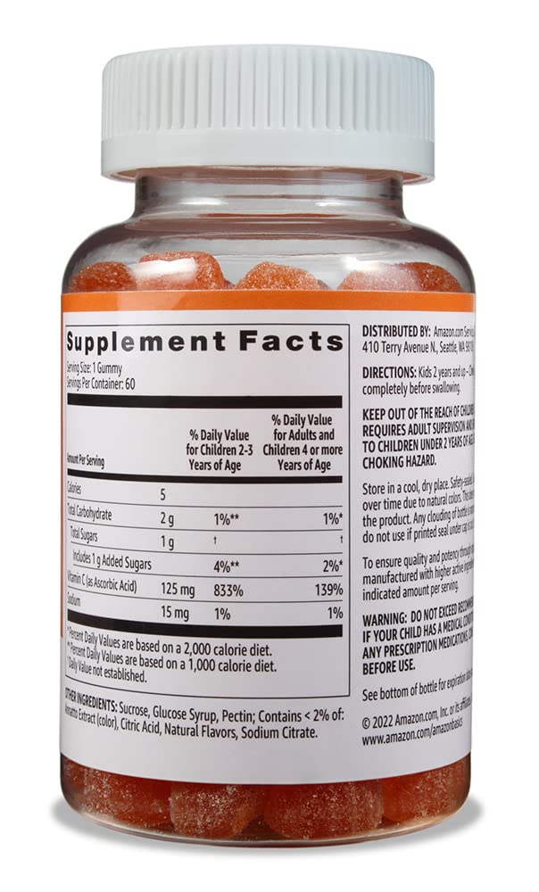 Amazon Basics Kids' Vitamin C 125mg Gummies, Orange Flavor, Soft Chew, 60 Count, Immune Health, Vegetarian, 2 Month Supply (Previously Solimo) 60 Count (Pack of 1)