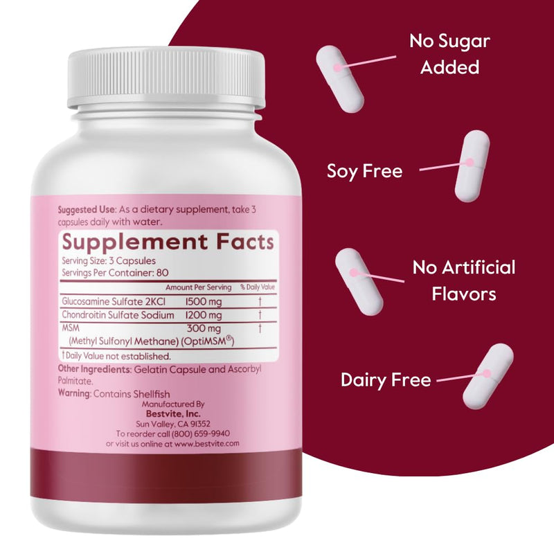 BESTVITE Glucosamine Chondroitin MSM 500/400/100 per Capsule (240 Caps) | With Patented OptiMSM - Maximum Strength Formula for Joint Support - No Stearates - Gluten Free - Non GMO 1 Count (Pack of 240)
