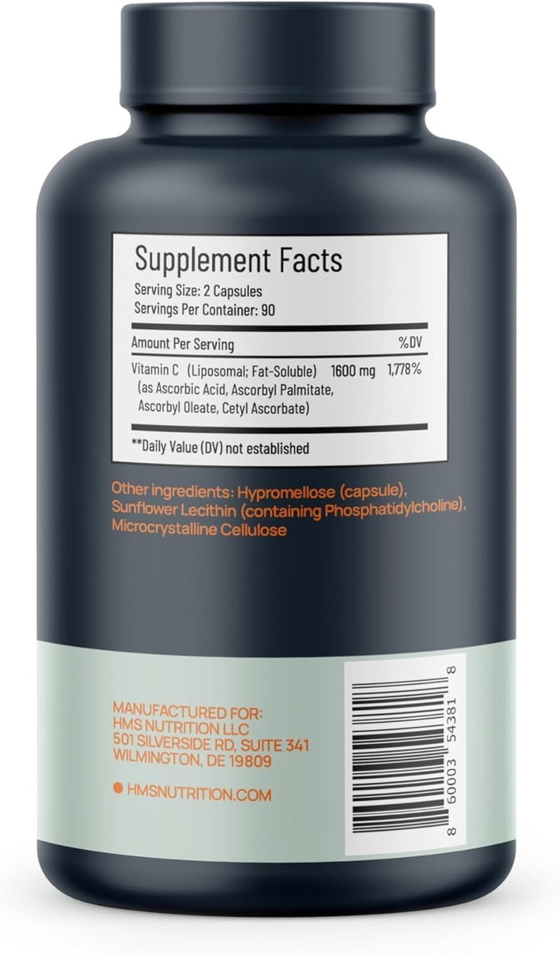 HMS Nutrition Liposomal Vitamin C 1600 mg — Fat‑Soluble, High‑Absorption Liposomal C Capsules for Immune & Skin Support | NSF‑Certified, Non‑GMO, Gluten‑Free | 180 Capsules (90‑Day Supply)