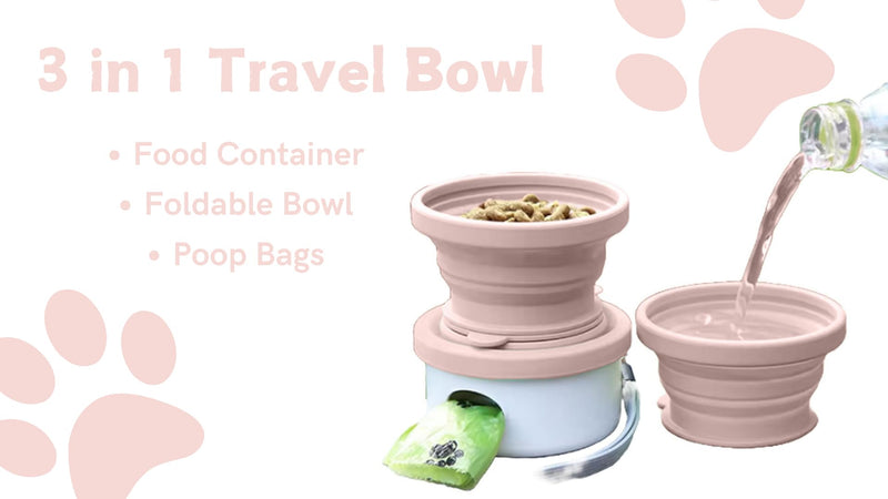 Collapsible Dog Travel Bowl, Portable Dog Bowls, 3-in-1 Pet Food and Water Feeder, Poop Bag Dispenser, Travel Dog Food Container with Lid for Camping, Walking, Hiking and Traveling (Pastel Pink) Pastel Pink - BeesActive Australia
