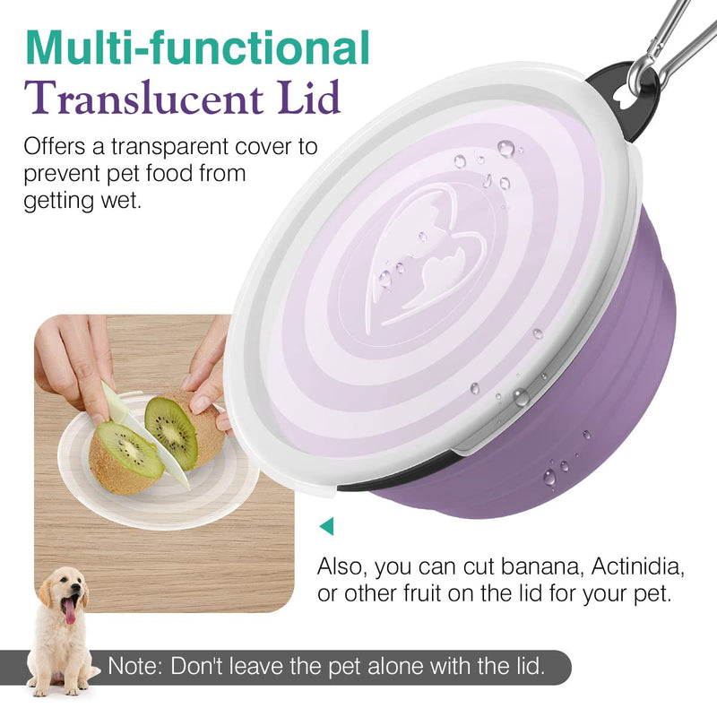 Pawaboo Collapsible Dog Bowls 2 Pack, Silicone Feeding Watering Bowls with Lids & Carabiners for Dogs Cats, Portable Water Feeder Food Bowl for Walking Traveling Home Use, 1000ml, Violet+Turquoise 1000ml(Pack of 2) - BeesActive Australia