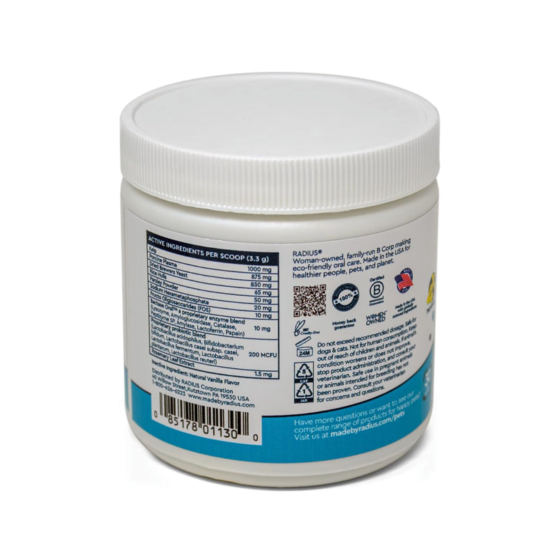 Radius OralPro+ Pet Dental and Gut Powder - Enzyme-Powered Dog and Cat Plaque and Tartar Remover - Natural Vanilla Daily Meal Topper for Fresher Breath & Digestive Balance - 3.5 Oz, Scoop Included