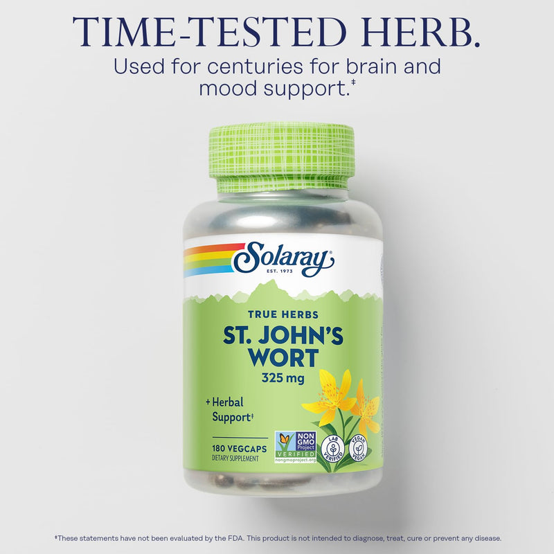 SOLARAY St Johns Wort 325 mg Whole Aerial - Health and Mood Support Supplement - 60-Day Money Back Guarantee - Non-GMO, Vegan, Lab Verified (180 VegCap, 180 Servings) 180 Count (Pack of 1)