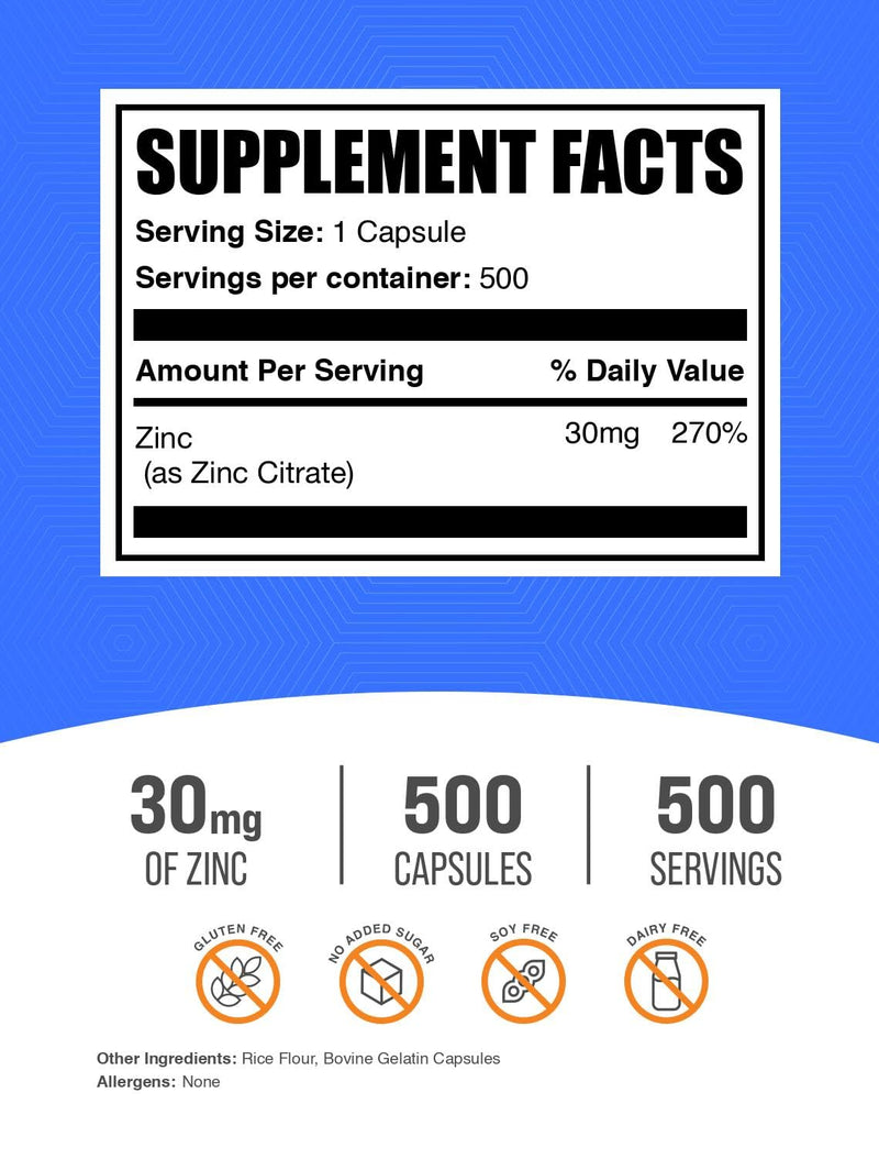 BulkSupplements.com Zinc Citrate Capsules - Zinc Supplements, Gluten Free - 30mg per Serving, 1 Capsule per Serving, 500 Count (Pack of 1) 500 Count (Pack of 1)