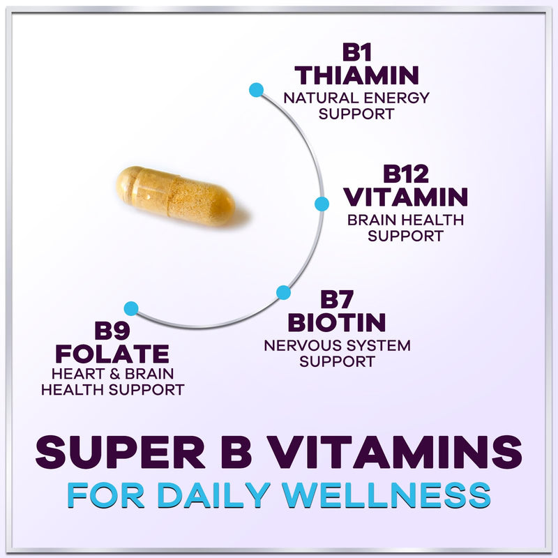 B Complex Vitamin Supplement - 3X Strength with Biotin, Vitamin C & Folic Acid - Super B12 Complex Vitamins for Energy, Supports Hair Growth, Immune Support for Women & Men, USA Bottled, 120 Capsules 120 Count (Pack of 1)