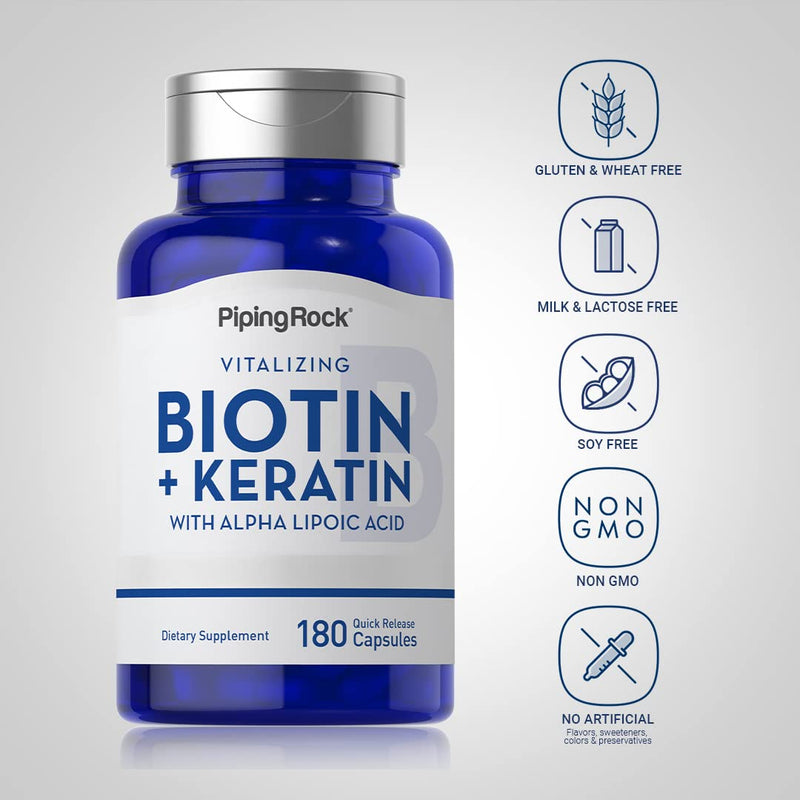 Piping Rock Biotin 5000mcg | 180 Capsules | Plus Keratin and Alpha Lipoic Acid | Supplement for Women and Men | Non-GMO, Gluten Free