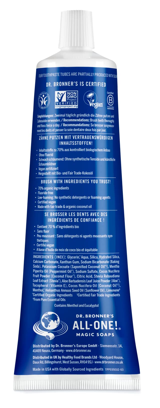 Dr Bronner's All One Peppermint Toothpaste, Made with Organic, Fluoride-Free Ingredients with No Artifical Colours, Flavours, Preservatives or Sweeteners, Vegan Friendly, 105ml Tube (Pack of 2) 105 ml (Pack of 2)