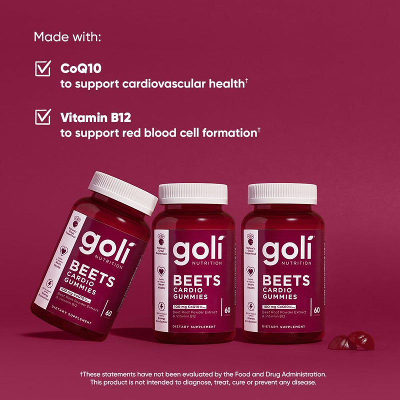 Goli Nutritional Supplement, Beets Cardio Gummy - 60 Count - 100mg CoQ10 & Beet Root Extract - Gluten-Free, Vegan, Non-GMO, and Gelatin-Free. Nature's Great Superfood. 60 Count (Pack of 1)