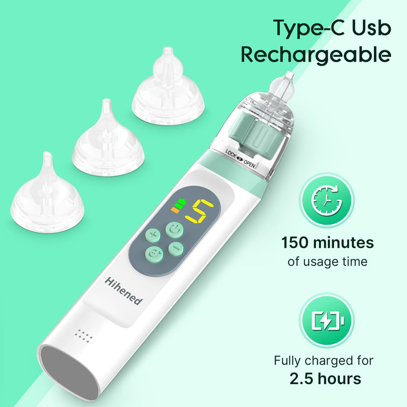 Electric Nasal Aspirator for Baby, Nose Aspirator for Toddlers, Waterproof Baby Nose Sucker, Nose Cleaner with 3 Silicone Tips, Adjustable Suction Level, Music and Light Soothing Function,Green Green