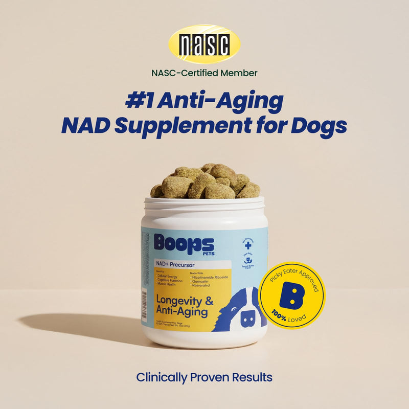NAD+ Precursor & Senior Dog Supplement - 90 Soft Chews - NMN Alternative for Longevity & Healthy Aging - Nicotinamide Riboside, Resveratrol, Quercetin, Made with Pasture-Raised Chicken Peanut Butter & Chicken