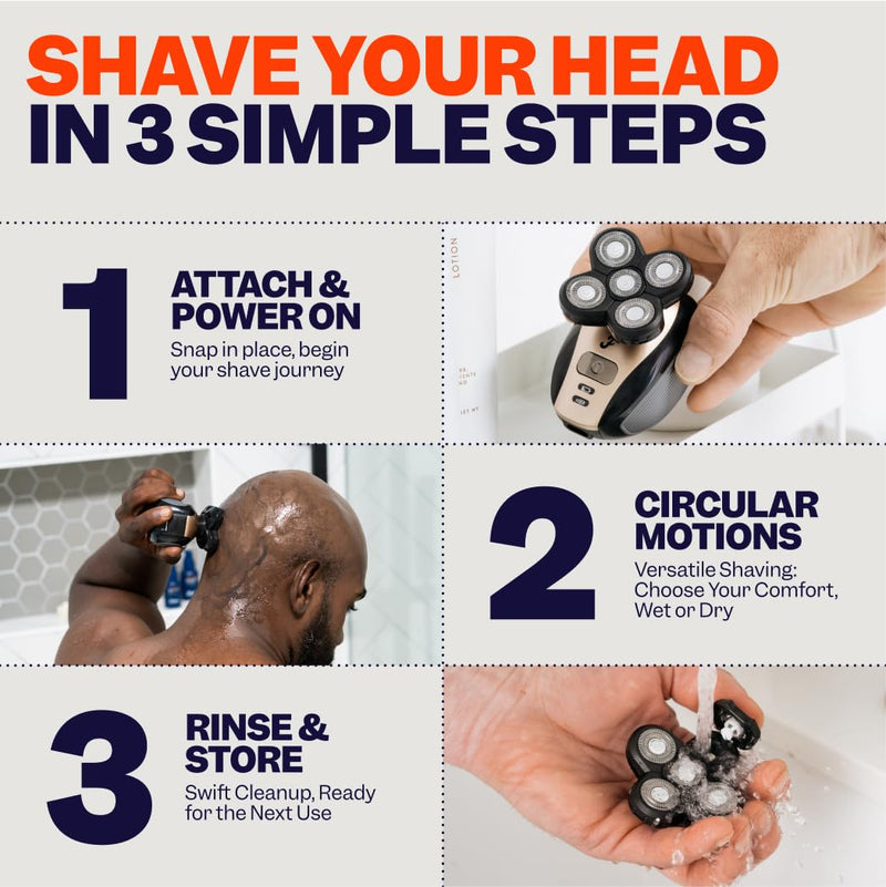 FlexSeries Electric Head & Body Hair Shaver - Mens Cordless Rechargeable Wet/Dry Skull Bald Head Back & Groin Waterproof Razor with Rotary Blades, Clippers, Nose Trimmer, Brush, Massager FlexSeries