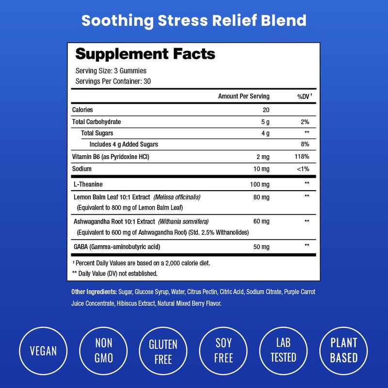 NutraChamps Calm Gummies, Stress Gummies Supplement with Ashwagandha, L-Theanine, GABA, Vitamin B6 & Lemon Balm, Supports Mood, Focus & Stress Relief, Natural Berry, 90 Gummies 90 Count (Pack of 1)