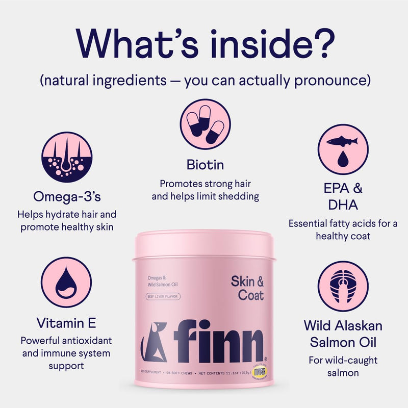Finn Skin & Coat Salmon Oil Supplement for Dogs | Supports A Thick & Shiny Coat | Fish Oil from Wild Alaskan Salmon, Omega-3s, EPA & DHA, Biotin, & Zinc | 90 Soft Chews - PawsPlanet Australia
