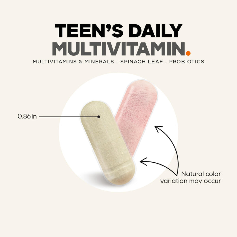 Codeage Teen Multivitamin - Vitamins A, C, D3, B6, B12, Folate, Zinc, Magnesium, Iron, Probiotics, Fermented Spinach - Multivitamins for Teenage Boys and Girls - Non-GMO, Gluten-Free - 30 Capsules
