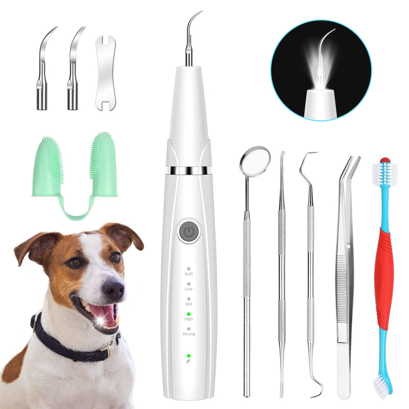 Dog Teeth Cleaning Kit, 5-Mode LED Ultrasonic Tooth Cleaner for Dogs & Cats – Plaque & Tartar Remover, 32-40kHz Pet Dental Care with Toothbrush(White) White