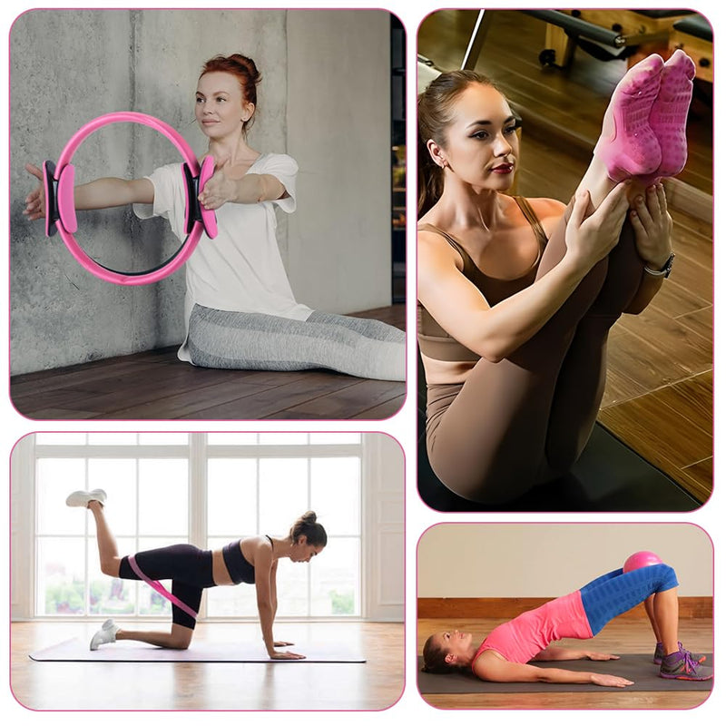 Pilates Ring and Ball Set, 6 Pcs Home Pilates Kit with 13” Circle Circle Yoga Ring 3 Resistance Bands 9.8” Pilates Ball Pilates Grip Socks, Pilates Essential Kit for Women Girl Home Workouts