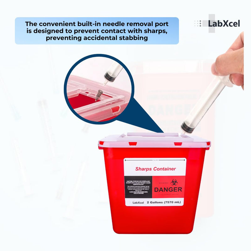 Polypropylene 2 Gallons Sharps Container with Cap ‚Äì Needle & Syringe Disposal for Home & Professional Use, Free Standing, Translucent Sliding Lid, PVC-Free Medical Waste Bin ‚Äì Red, 2 Count