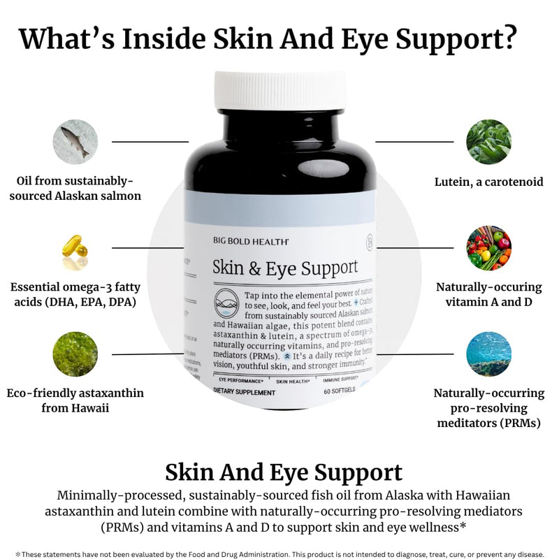 BIG BOLD HEALTH Skin & Eye Support - Omega-3 Complex with Alaskan Salmon Oil, DHA, Astaxanthin & Lutein for Healthy Eyes & Skin - 60 Softgels