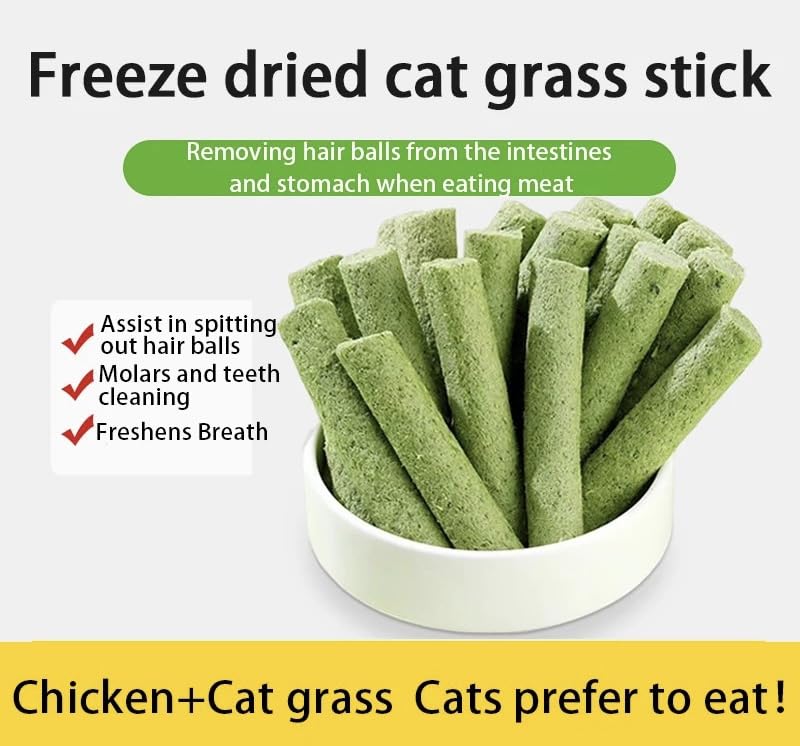 Cat Grass Teething Sticks for Hairball Removal & Teeth Cleaning, Chicken Flavored, Natural Dental Treats for Indoor Cats