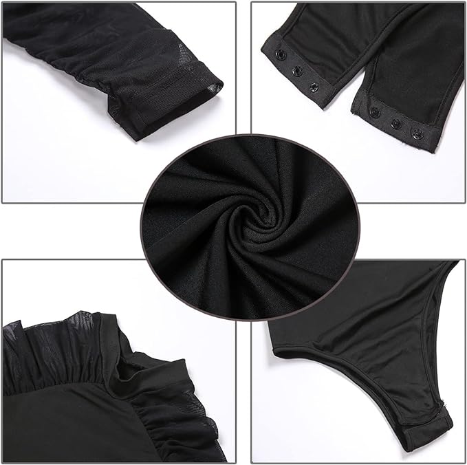 Yun Women's Long Sleeve High Neck Bodysuit, Black, Slimming, Shoulder Mesh, Slim, Inner, Tight Top, Elegant - BeesActive Australia