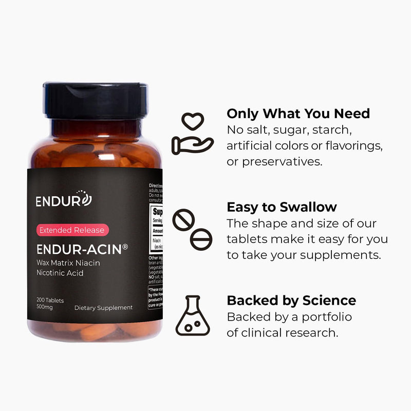 ENDUR-ACIN® Extended Release Niacin 250mg, Nicotinic Acid, 200 Tablets | Vegan, Gluten-Free, Flush-moderated extended release, 200-day supply, cGMP & UL-Certified, USA made 200 Count (Pack of 1)