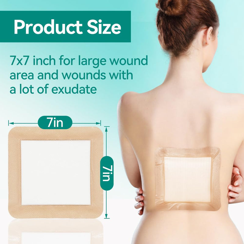 Dimora Large Bandage Ultra Soft Wound Dressing - Bordered Silicone Adhesive Foam Dressing 7"x7" (5"x5"pad) for Bed Sores,Burn Treatment,Large Surgical Wound,Diabetic Ulcers,5 Pack 7" x 7" (5 PCS) 7 x 7inch(5 PCS) - BeesActive Australia