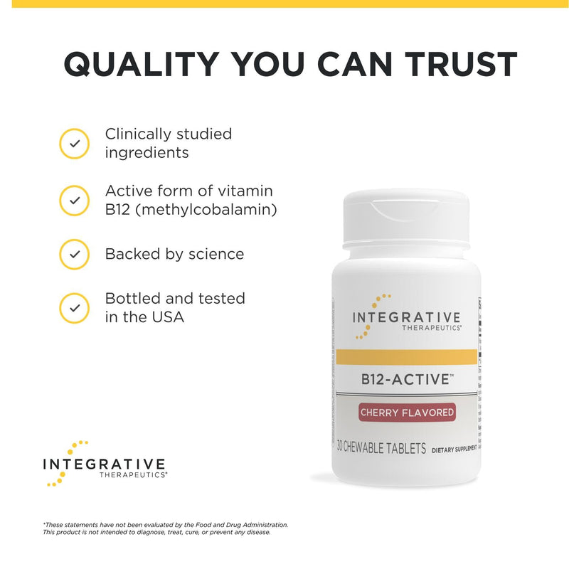 Integrative Therapeutics B-12 Active, Vitamin B12, Supports Nerve Function*, Cherry Flavored, 30 Chewable Tablets - 2 Pack