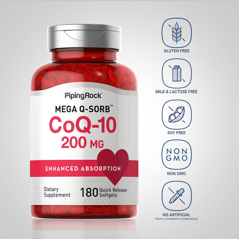Piping Rock CoQ10 200mg | 180 Softgel Capsules | Supplement for Women and Men | Enhanced Absorption with Black Pepper Extract | Non-GMO, Gluten Free