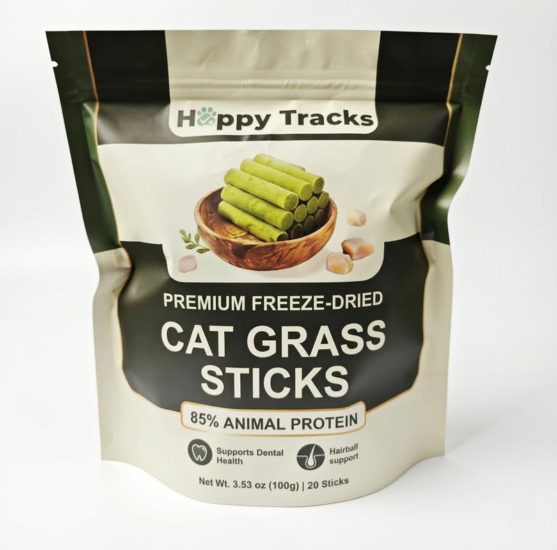 Happy Tracks Cat Grass Sticks for Cats — Freeze-Dried Chicken & Barley Grass | High Protein Grain-Free Cat Snack | Hairball Control & Dental Support | 3.53oz / 20 Sticks