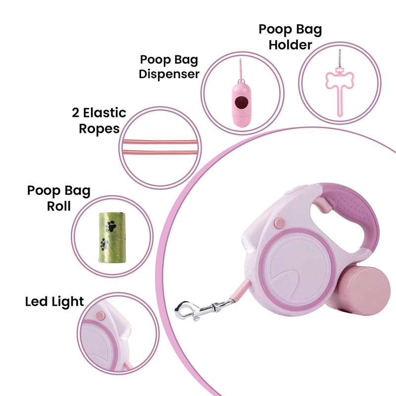 Best Dog Supplies | Pink Retractable Dog Leash with Light, Poop Bag Dispenser, Poop Bag Holder, 2 Elastic Ropes | Set of 4 - BeesActive Australia