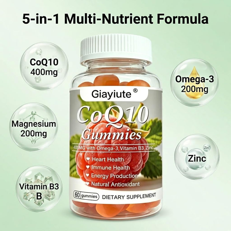 CoQ10 400mg Gummies with Omega-3 EPA DHA, Magnesium, Vitamin B3 & Zinc, Support Energy Production & Immune Function, Zero Added Sugar Vegan Chewable Coenzyme Q10 for Adults, 60 Count