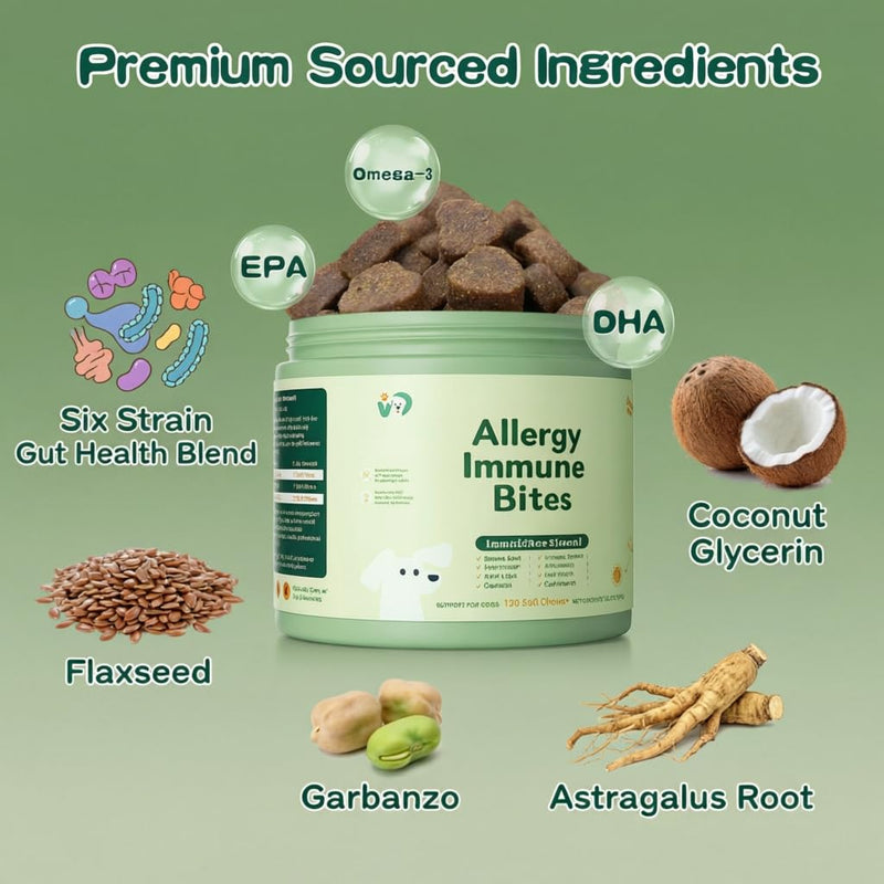 Allergy Immune Bites - Seasonal Allergies & Immune Support Soft Chews for Gut Health - Natural Anti-Immune Supplement for Dogs - No Corn, GMO, or Soy