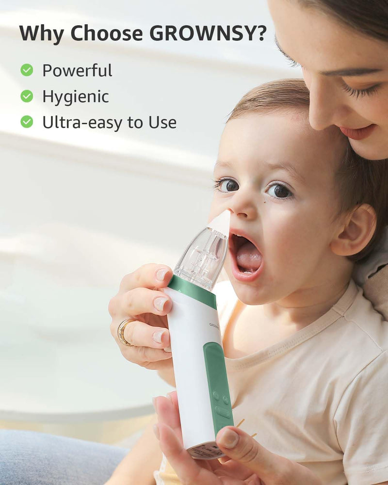 GROWNSY Nasal Aspirator for Baby, Electric Nose Aspirator for Toddler, Baby Nose Sucker, Automatic Nose Cleaner with 3 Silicone Tips, Adjustable Suctions, Music and Light Soothing Function (Green) Green