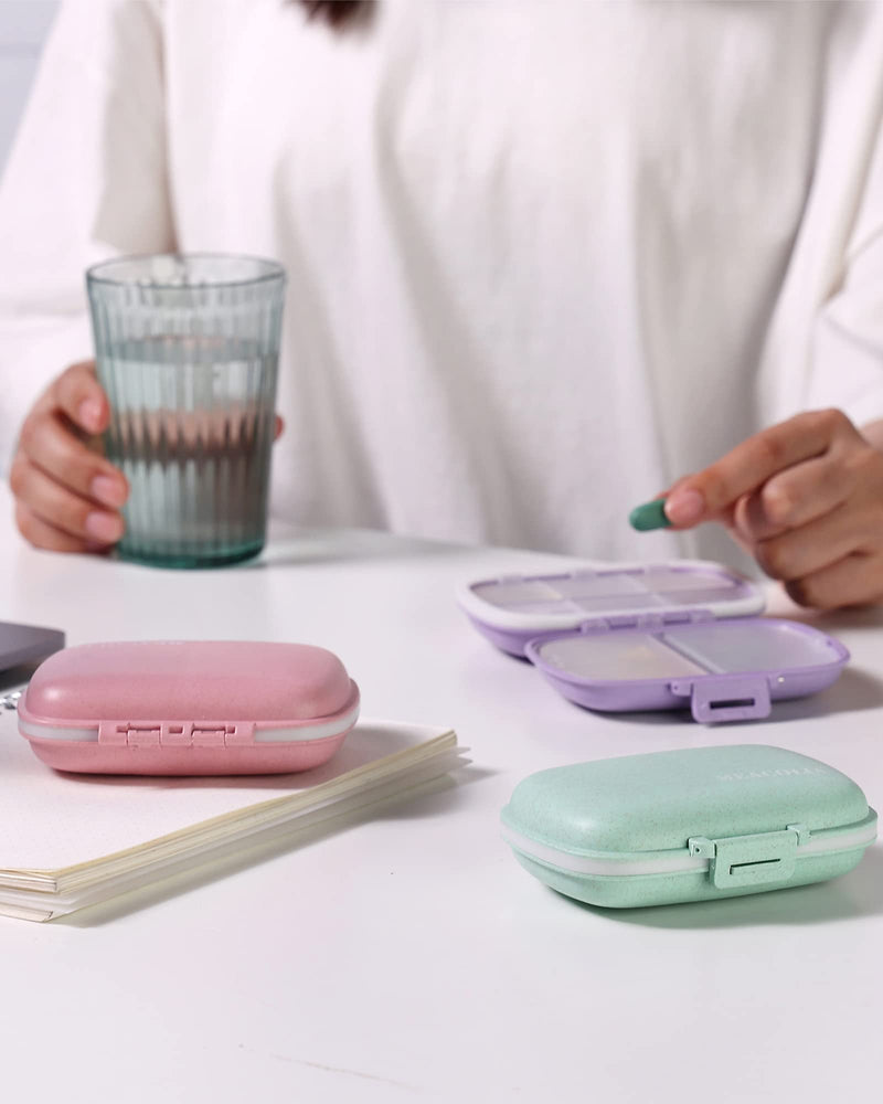 MEACOLIA 3 Pack 8 Compartments Travel Pill Organizer, Daily Pill Case Small Pill Box for Pocket Purse, Portable Pill Container Medicine Vitamin Organizer (Purple, Green, Pink) Green,pink,purple 3 Count (Pack of 1) - BeesActive Australia