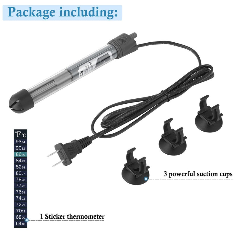 HITOP 50W Adjustable Aquarium Heater, Submersible Fish Tank Heater Thermostat with Suction Cups for 8-16Gal 7in-50w