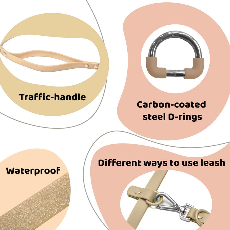 Heavy Duty Hands Free Dog Leash for Medium to Large Dogs for Comfortable Running, Jogging Walking | Dual D-Rings | Soft Padded Traffic Handle | Both Ends 360 Rotating Carabiners (Leash Length 7.7 ft) Beige Dual Side Ring - 7.7 ft - BeesActive Australia