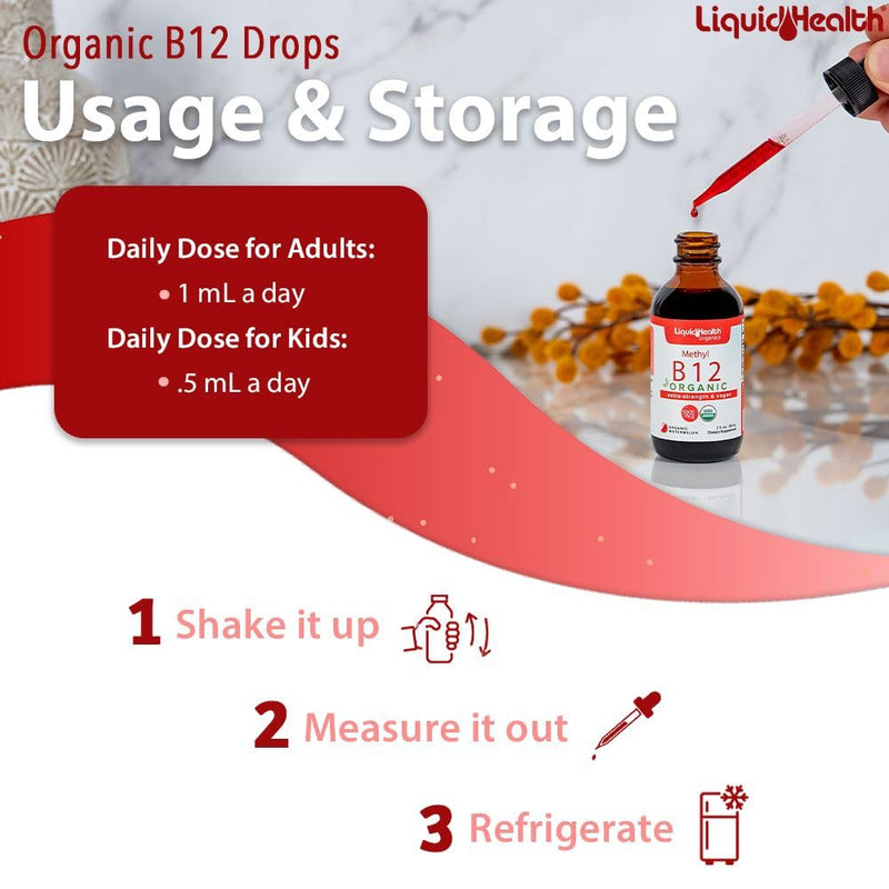 LIQUIDHEALTH USDA Organic Methyl Vitamin B12 Methylcobalamin Liquid Drops with Tart Cherry Juice - Boost Energy, Immune Support, Improve Memory & Concentration - USA Made, Vegan, Non-GMO (2 Pack) 2 Fl Oz (Pack of 2)