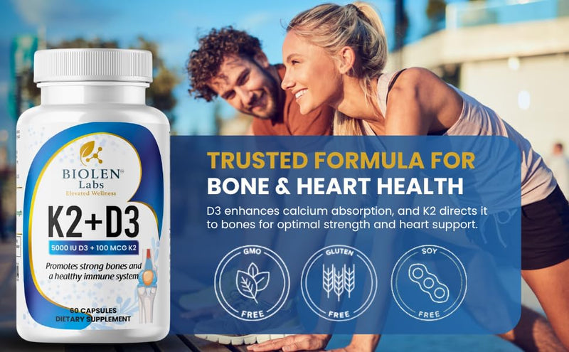 K2 + D3 Vitamin Supplement, 5000 IU D3, 100 MCG K2, Bone Health Support, Immune System Support, 60 Vegan CapsulesK2 + d