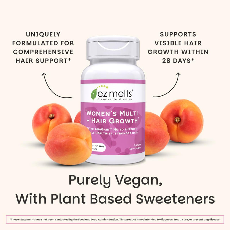 EZ Melts Women's Multi + Hair Growth - Daily Multivitamin for Women - Supports Healthy Energy Levels & Reduced Hair Shedding - Non-GMO & Vegan - Peach - 120 Dissolvable Tablets (60 Servings) 60 Count (Pack of 2)