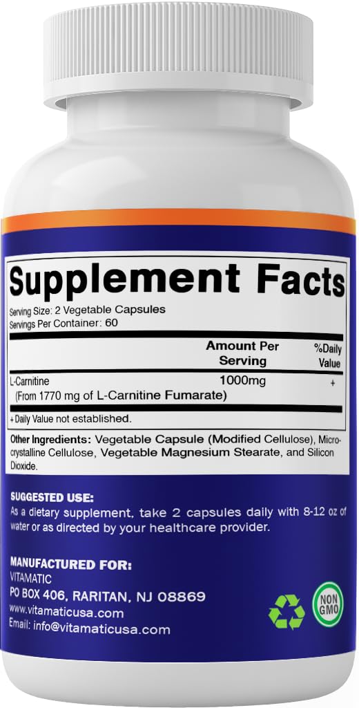 Vitamatic L-Carnitine Fumarate 1000 mg - 120 Vegetable Capsules (1 Bottle) 1 Bottle - BeesActive Australia