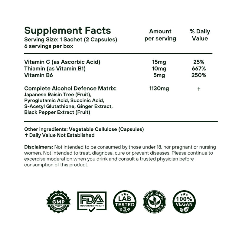 Hangover & Liver Support Supplement | Japanese Raisin Tree (99% DHM), S-Acetyl Glutathione, Succinic Acid, Vitamin B Complex | Prevent Morning Fatigue, Headaches, Red Flush | 6 On-The-Go Packs 12 Count (Pack of 1)