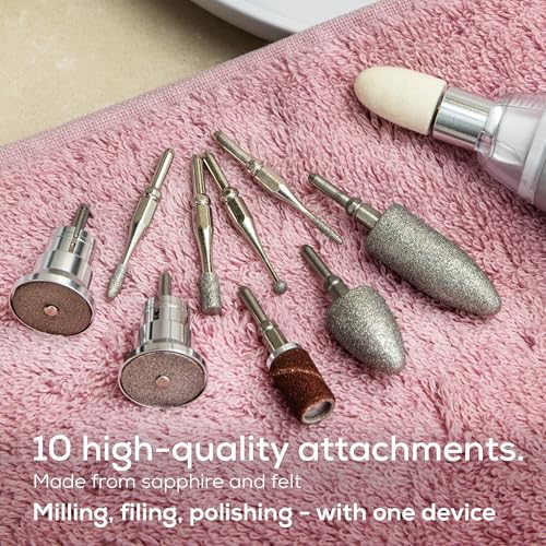 Beurer MP62 Professional Nail Drill Kit, Portable Electric File Machine with 10 Attachments & 10 Sanding Bands, Efile Dremel for Acrylic Gel Manicure and Pedicure, LED Light, with Storage Case White - 10 Attachments