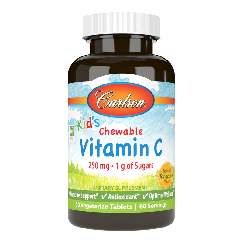 Carlson Kid's Chewable Vitamin C, 250 mg, 60 Vegetarian Chewable Tablets | 1 g of Sugars; Gentle on the Stomach; Tangerine 60 Count (Pack of 1)